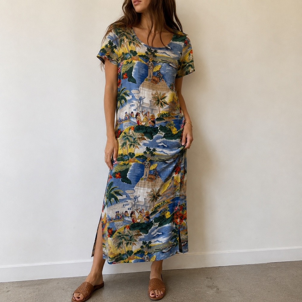 Vintage Reyn Spooner Blue Hawaiian Midi Dress Scenic Print Medium Tropical
